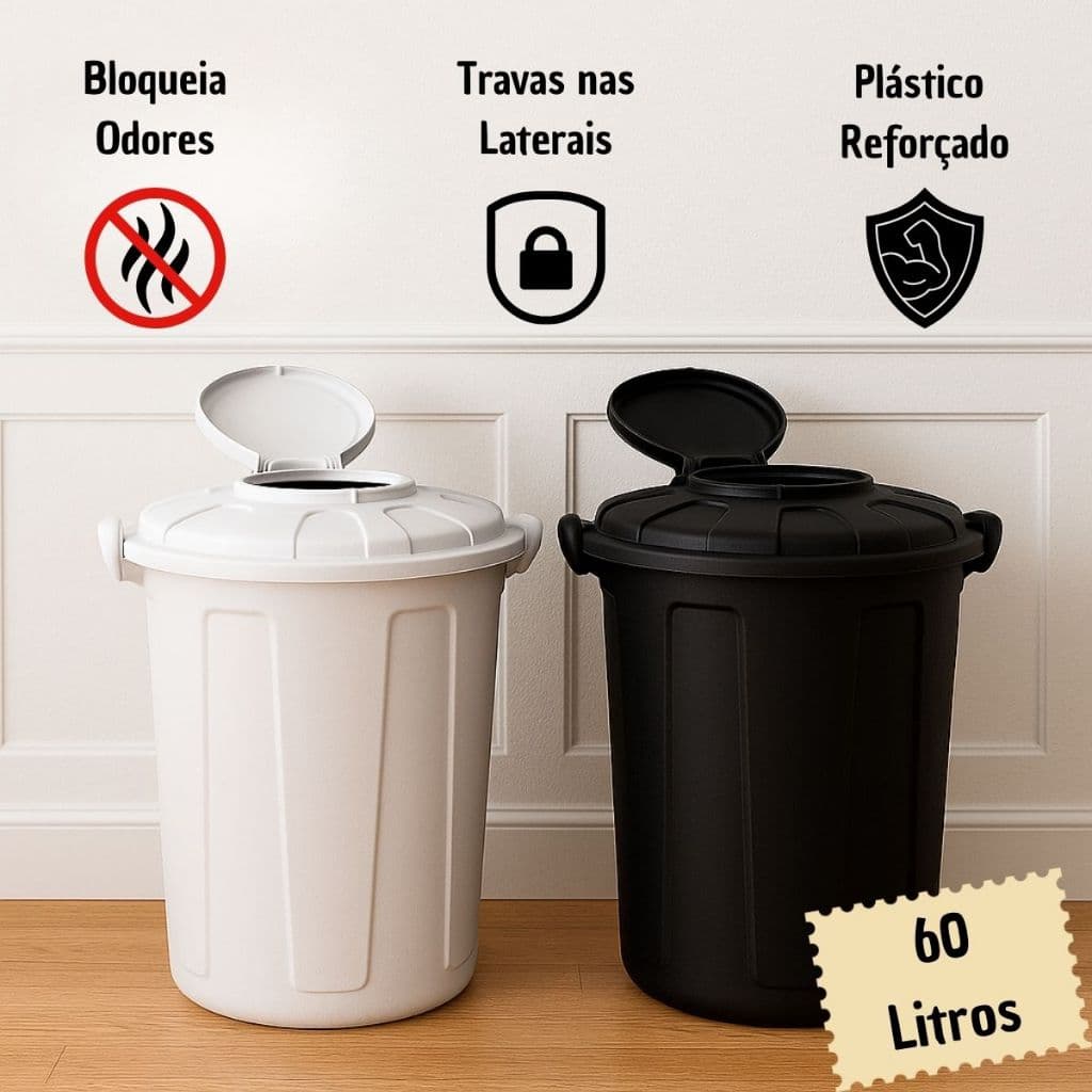 Lixeira 60 Litros com Travas e Tampa Pratica Higiênica - Cozinha Lavanderia