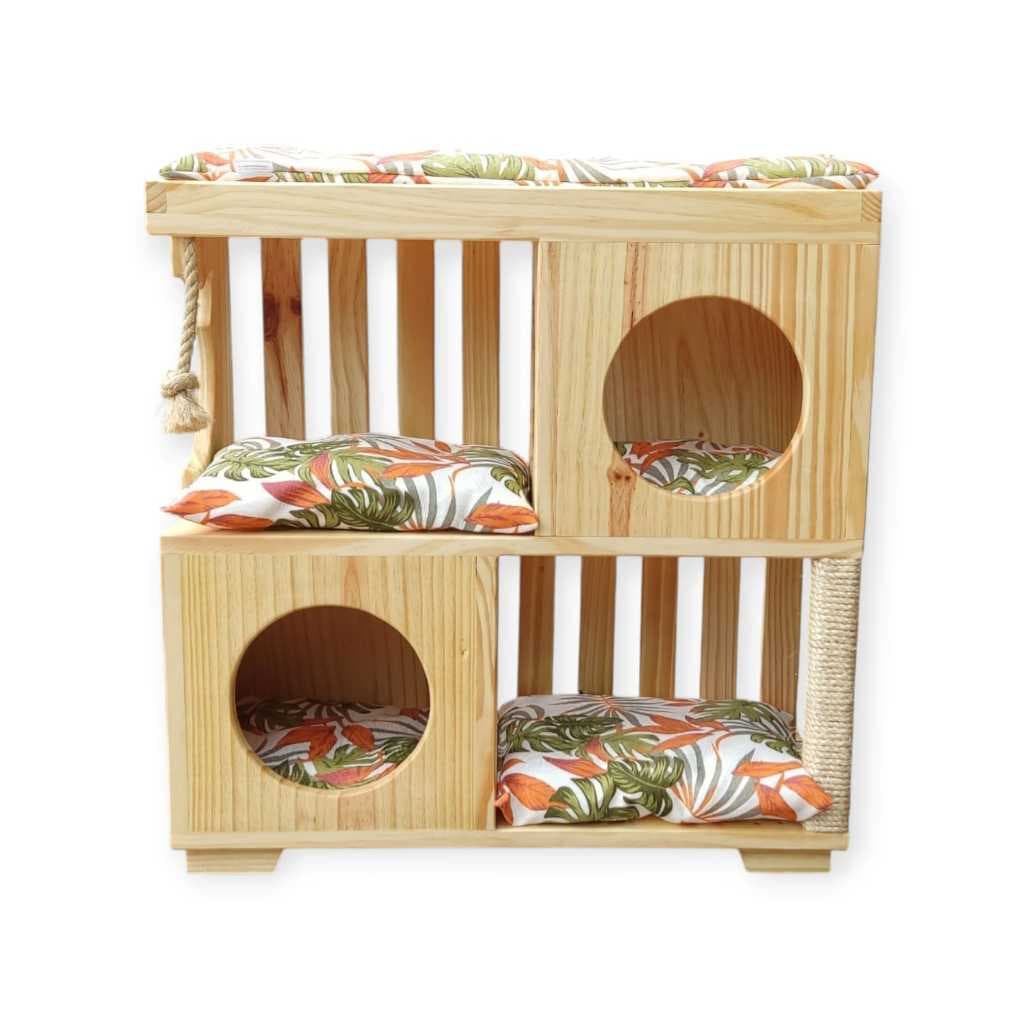 Casa Playground de Chão para Gatos em Madeira De Pinus Com Arranhador