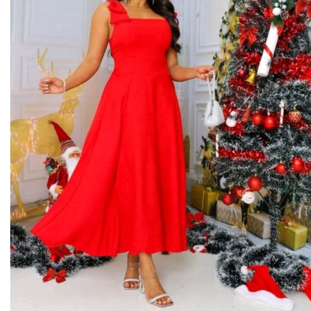 Vestido midi luxo liso duna linho com laço na ombro-V080