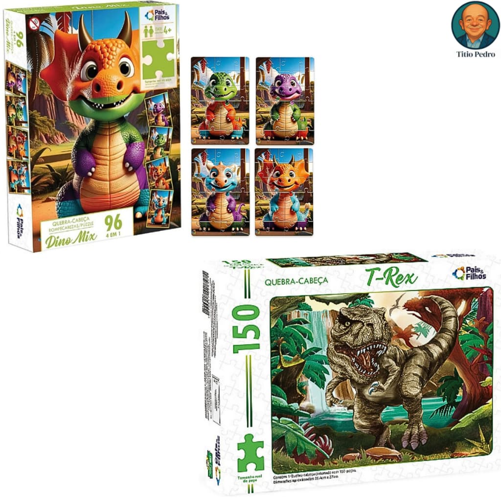 kit Quebra cabeça Dino mix 4 Formas Diferentes 96 peças e Quebra Cabeça T-rex 150 peças