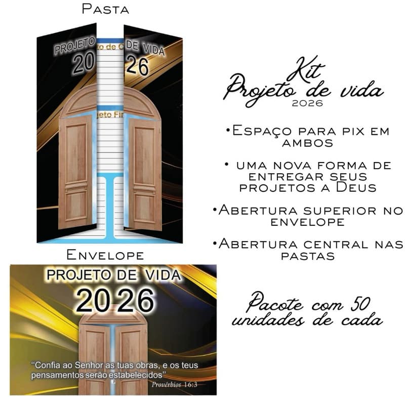 Kit projeto de vida 2026- 50unidades de cada-Envelope+pasta 2026