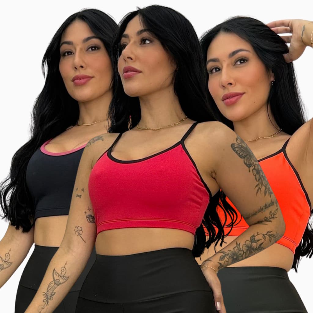 Kit 3 Tops Feminino Academia Confortável Forrado Sustentação Moda Esportiva Sem Bojo Esportivo