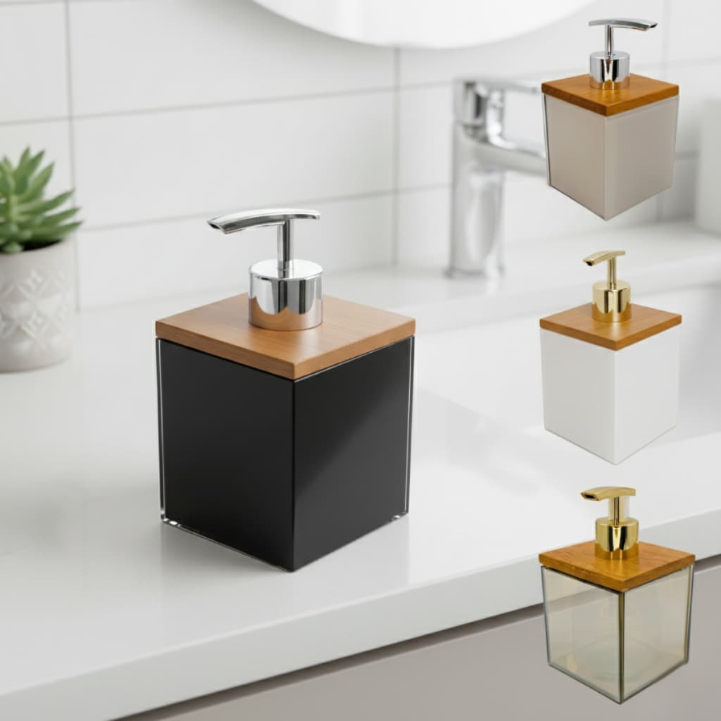 Saboneteira 200ml Porta Sabonete Liquido Dispenser Vidro e Madeira Pia Bancada Banheiro Lavabo