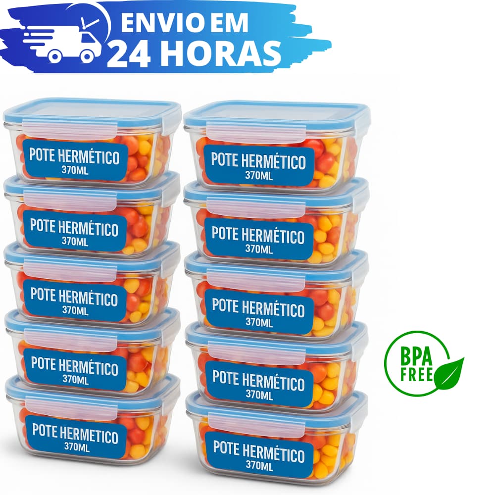 Conjunto 10 Potes Vidro Resistente Hermético Mantimentos Marmita 370ml