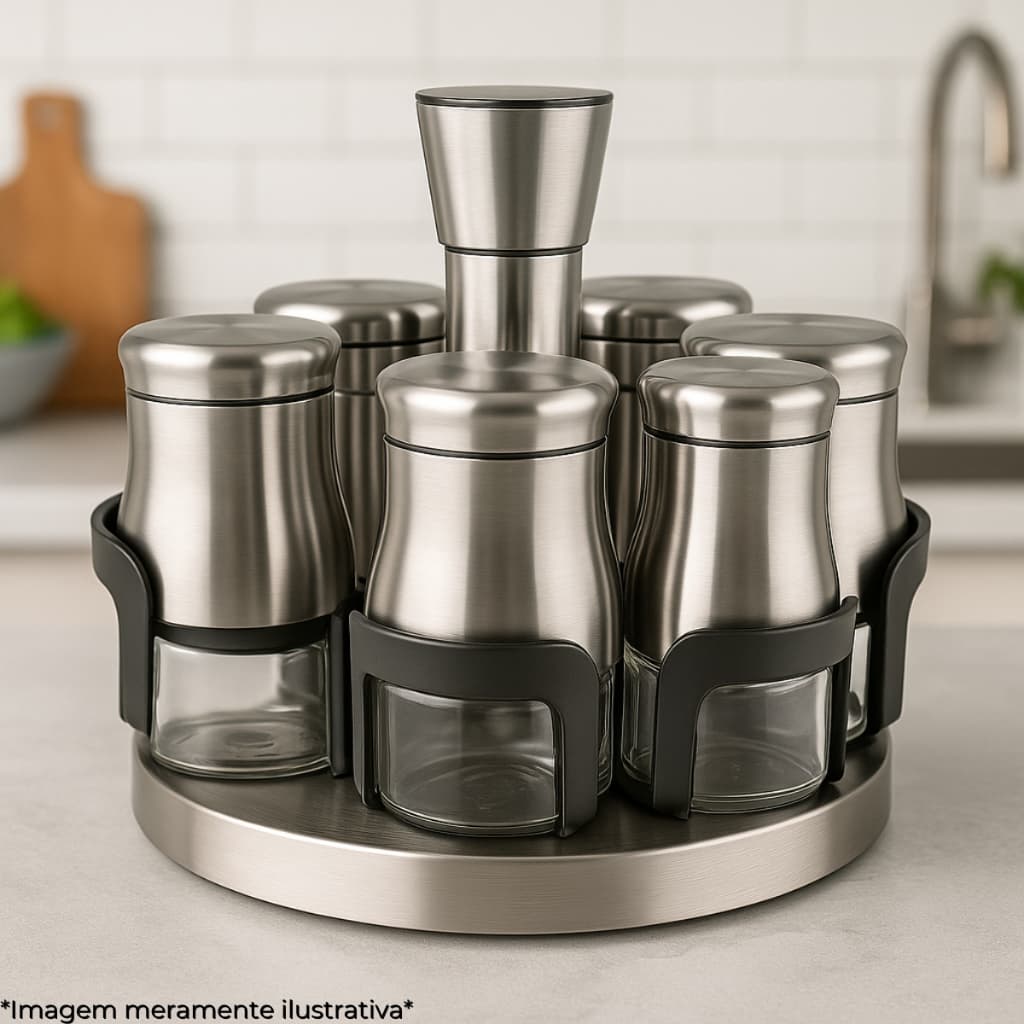 Porta Temperos Luxo com Suporte Giratório e 6 Potes 150ml em Aço Inox Ideal para Cozinha Uny Home