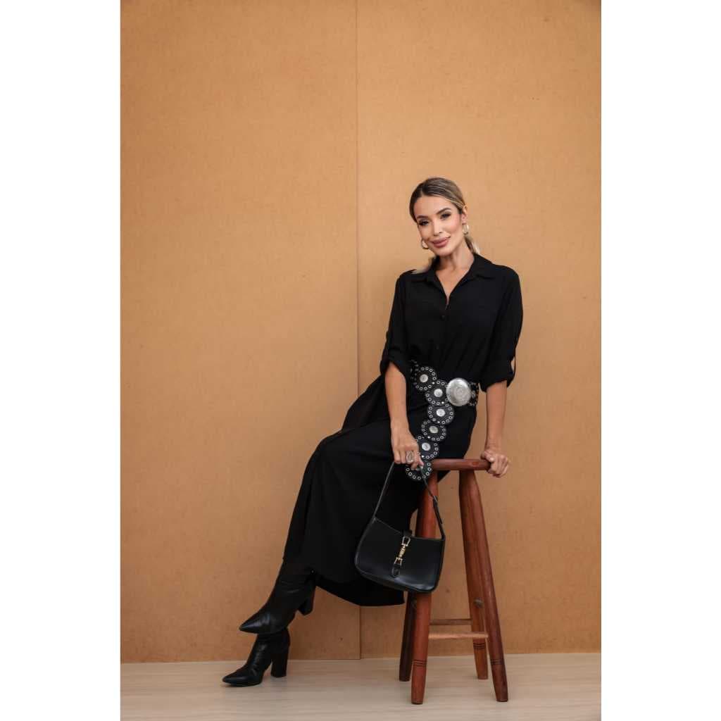 Chemise Feminino Midi de Viscolinho Manga Longa Elegante Casual Chic Moda Evangelica Tendencia
