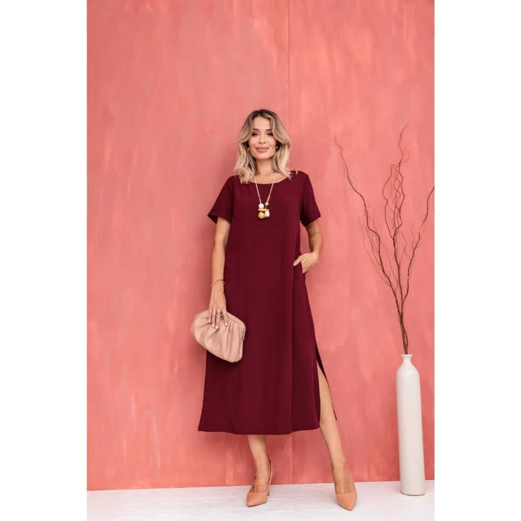Vestido Feminino Midi Manga Curta Aberturas Laterais Bolsos Viscolinho Classico Elegante Chic Casual