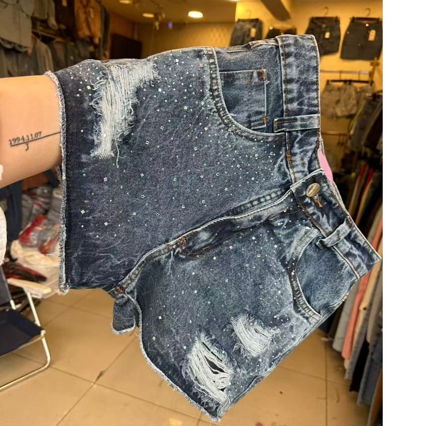 Short Jeans Com brilho rasgada Feminino short Cintura Alta  Confortável Qualidade premium Elegante Casual