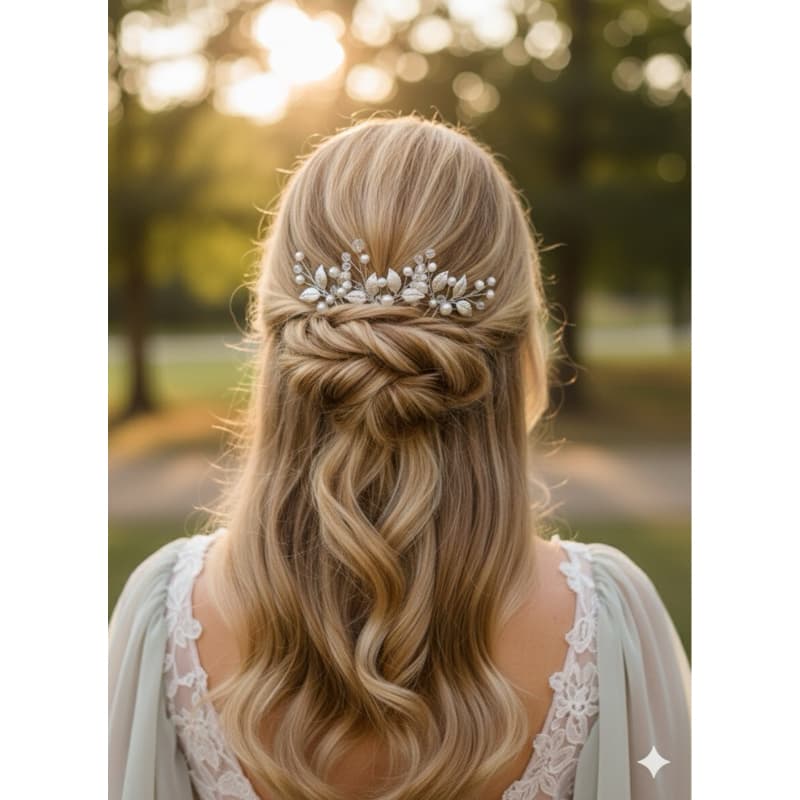 Trio de Grampos de Cabelo Prateados com Folhas e Pérolas – Acessório Delicado para madrinhas , floristas, damas e Noivas