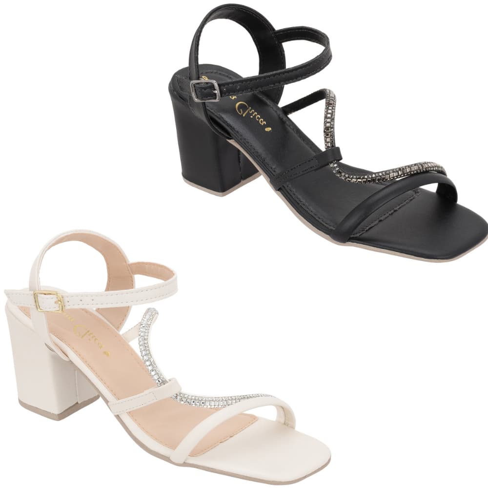Kit 2 pares de Sandálias Femininas Salto Bloco Alto Grosso Tiras S Strass