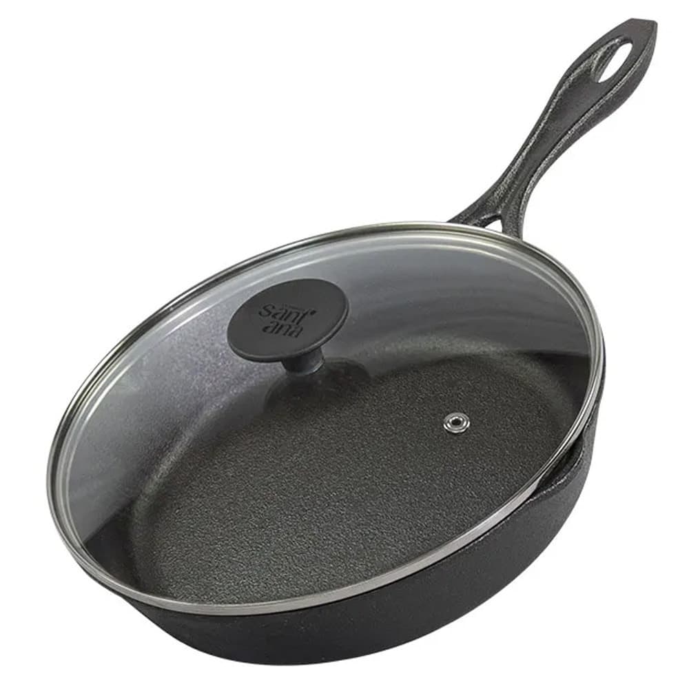 Frigideira Líder 20cm Assadeira de Ferro fundido Com Cabo de Ferro e Tampa de Vidro Santana