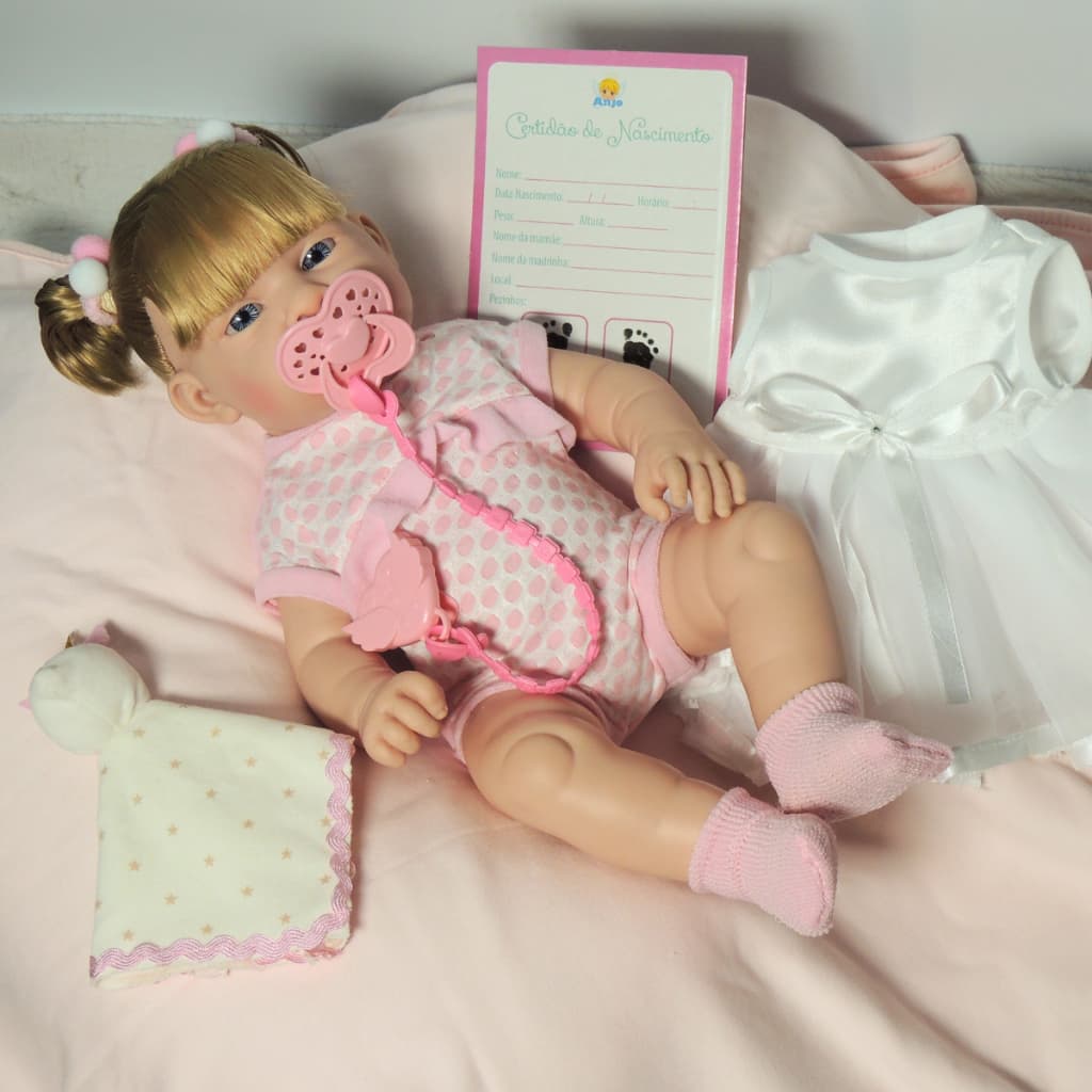 Boneca Maya/Mia Com Acessórios Vestido Batismo Corpo de vinil