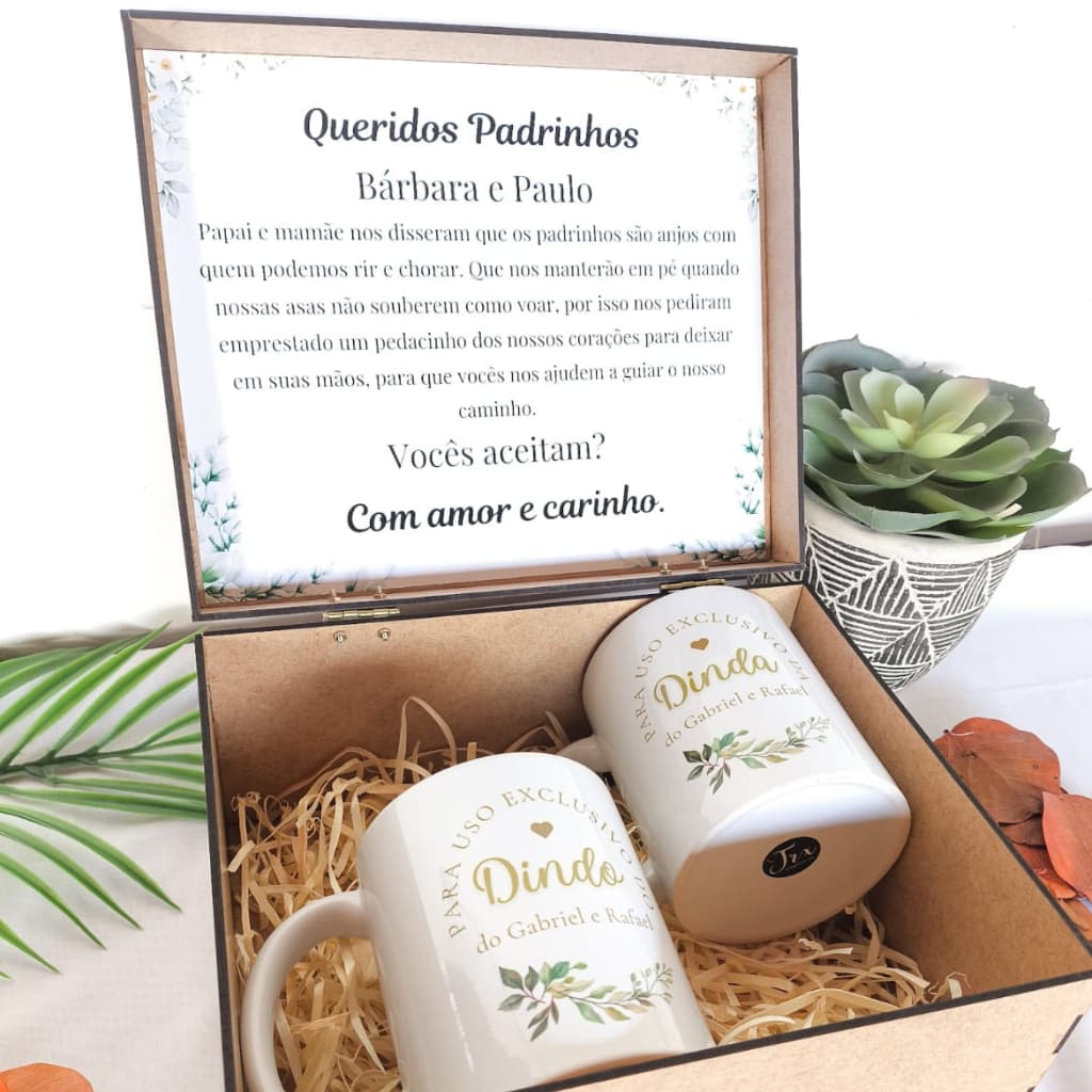 Kit Convite Padrinhos de Batismo – Caneca Personalizada + Caixa MDF Gravada a Laser – Presente