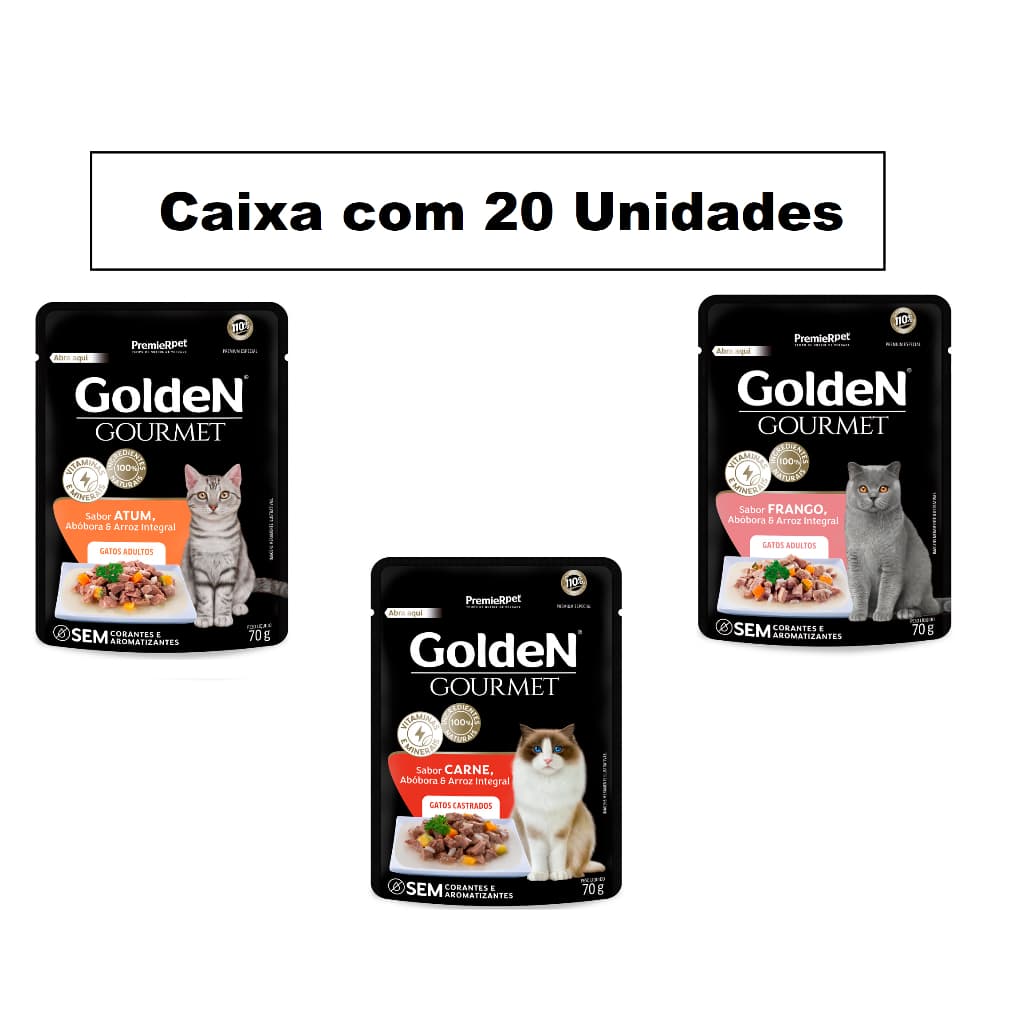 Caixa 20 Sachês Golden Gourmet Gatos Adultos e Castrados 70g - Ração Umida Golden Gourmet