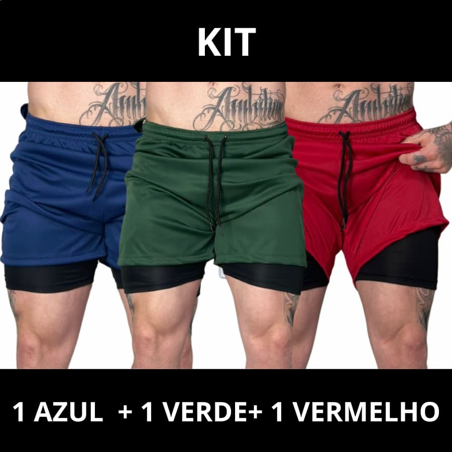 KIT 3 Shorts 2 Em 1 Masculino Bermuda de Compressão Dry Fit Esportivo Com Bolso Interno Para Celular