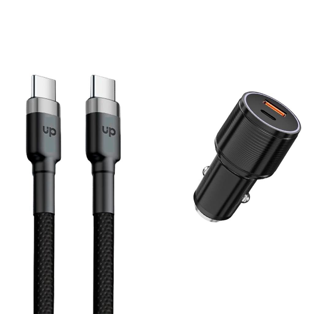 Kit Cabo USB-C / USB-C 2 metros + Carregador Veicular USB-C e USB-A - UP Electronics