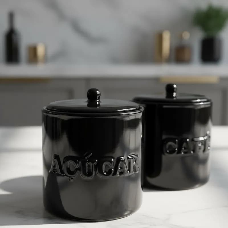 Lançamento – Kit Potes de Cerâmica Café e Açúcar Artesanal Decorativo Condimentos Preto Branco