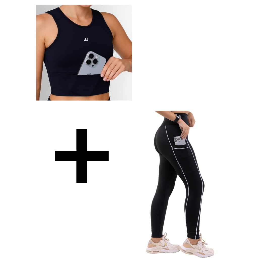 Conjunto Fitness Feminino Top com Bolso e Calça Legging com Bolsos Laterais Para Corrida Academia