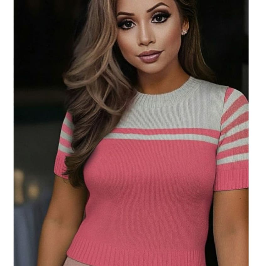 Blusa Feminina Tricot Modal Listrada Manga Curta Cropped Feminino Estiloso Roupa Feminina Elegante