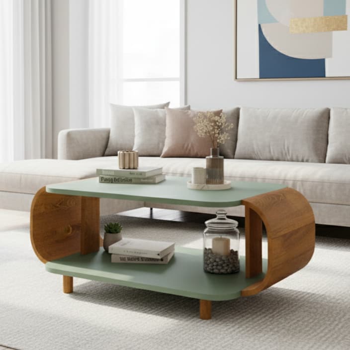 Mesa de Centro Floripa Design Moderno com Nicho Inferior - Pés de Madeira Maciça - COR: PISTACHE