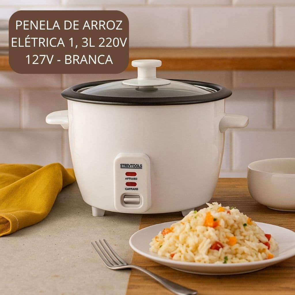 Panela de Arroz Elétrica 1,3L 127V/220V Antiaderente Aço inox Prepara Arroz Rápido Soltinho - Branca