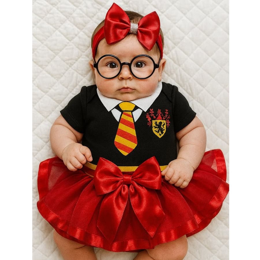 Body Bebê Fantasia Harry Potter Casa de Howgarts com 4 Peças Grifinoria Mesversário Unissex