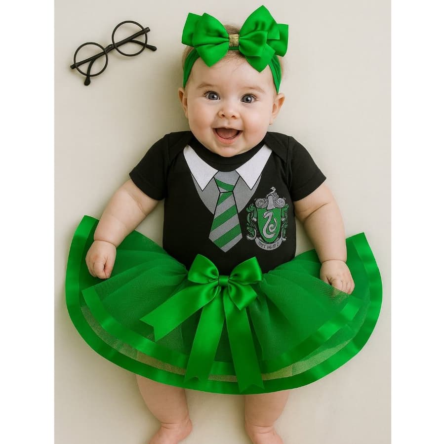 Body Bebê Fantasia Harry Potter Casas de Howgarts com 4 Peças Sonserina Mesversário Unissex