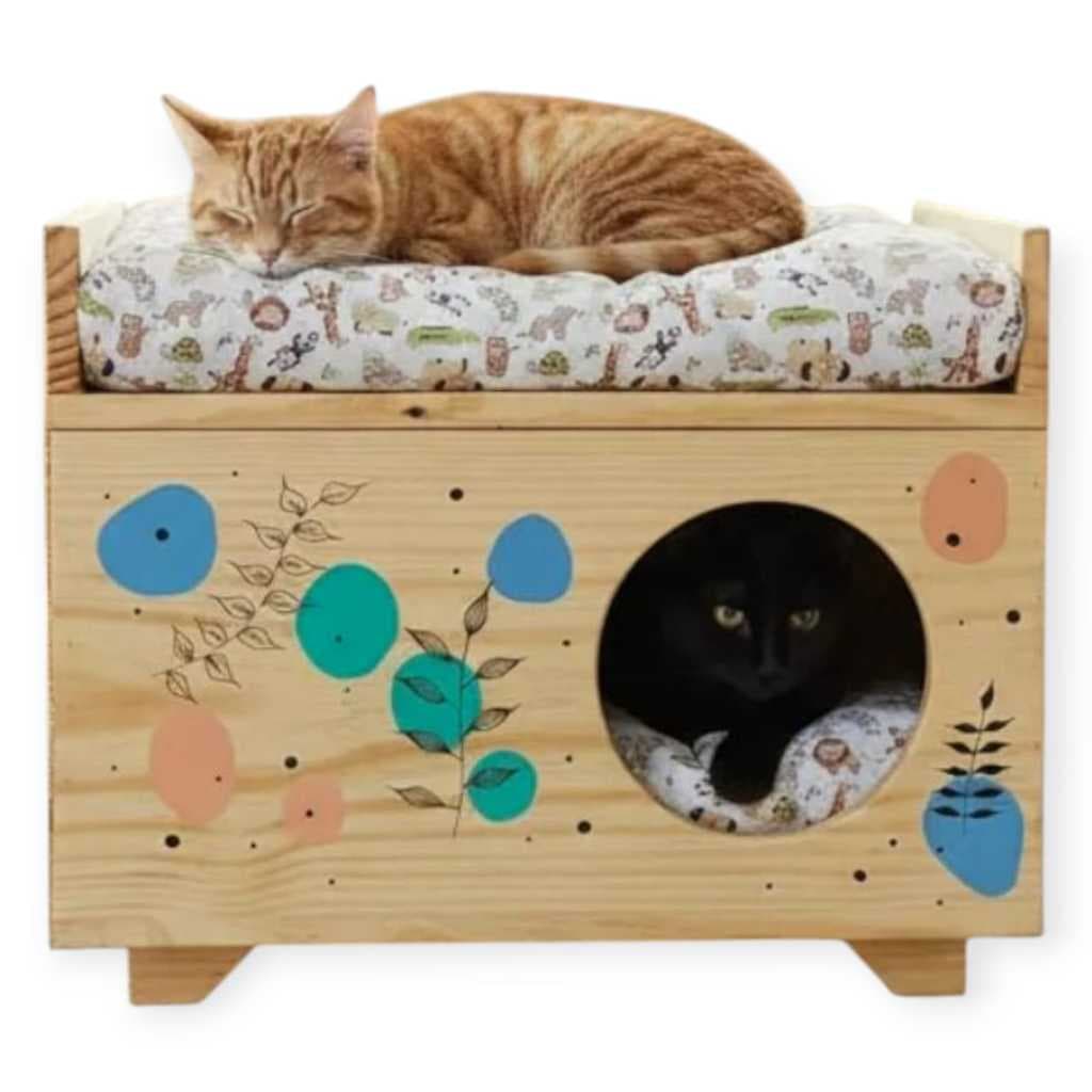 Casa Toca Nicho para Gato Em Madeira Com Almofadas e Pintura Orgânica