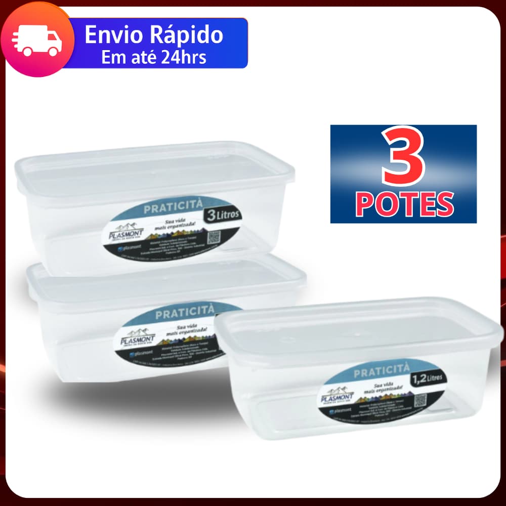 Kit 3 Potes PRESIDIO Transparente 1,2 L E 3,0 L Retangular