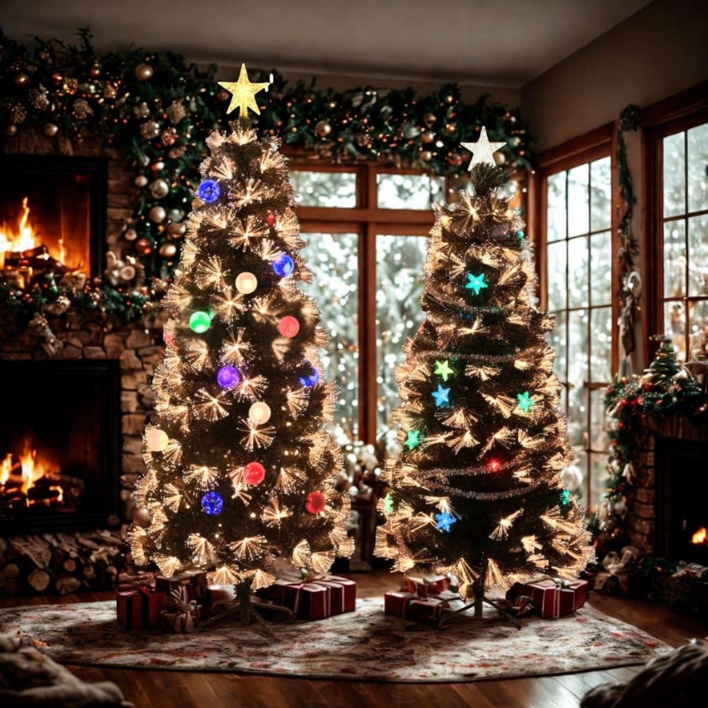 Árvore de Natal Enfeitada Luxo Fibra Ótica Colorida Bivolt Bolinha Estrela 180cm 210cm