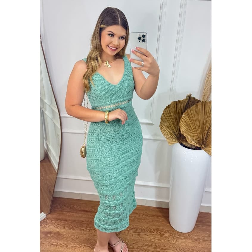 Vestido Midi Tricot Antonella Rendado Com Forro DecoteV Moda Feminina Elegante Festa Verão