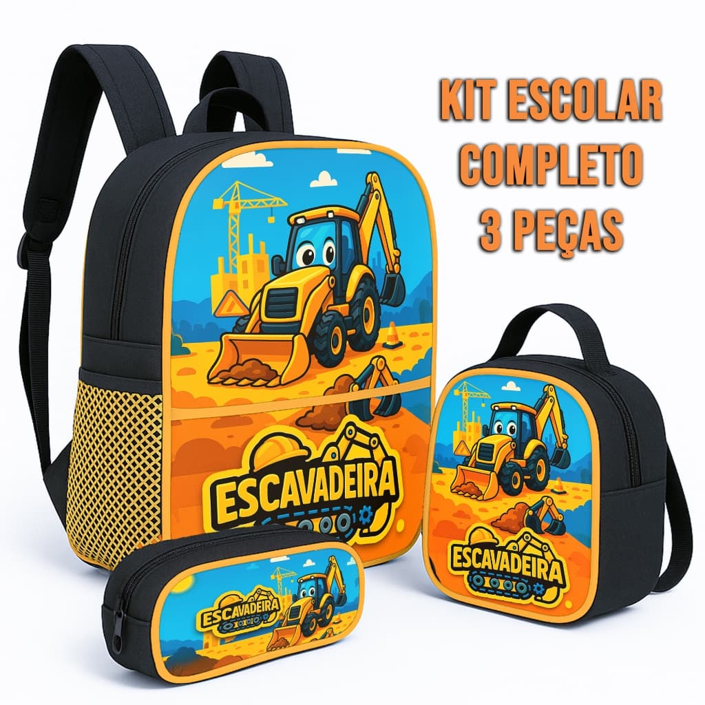 Kit Escolar Infantil Mochila Pequena Menino Carro Monster Car Corrida Estojo 1 Zíper e Lancheira Térmica