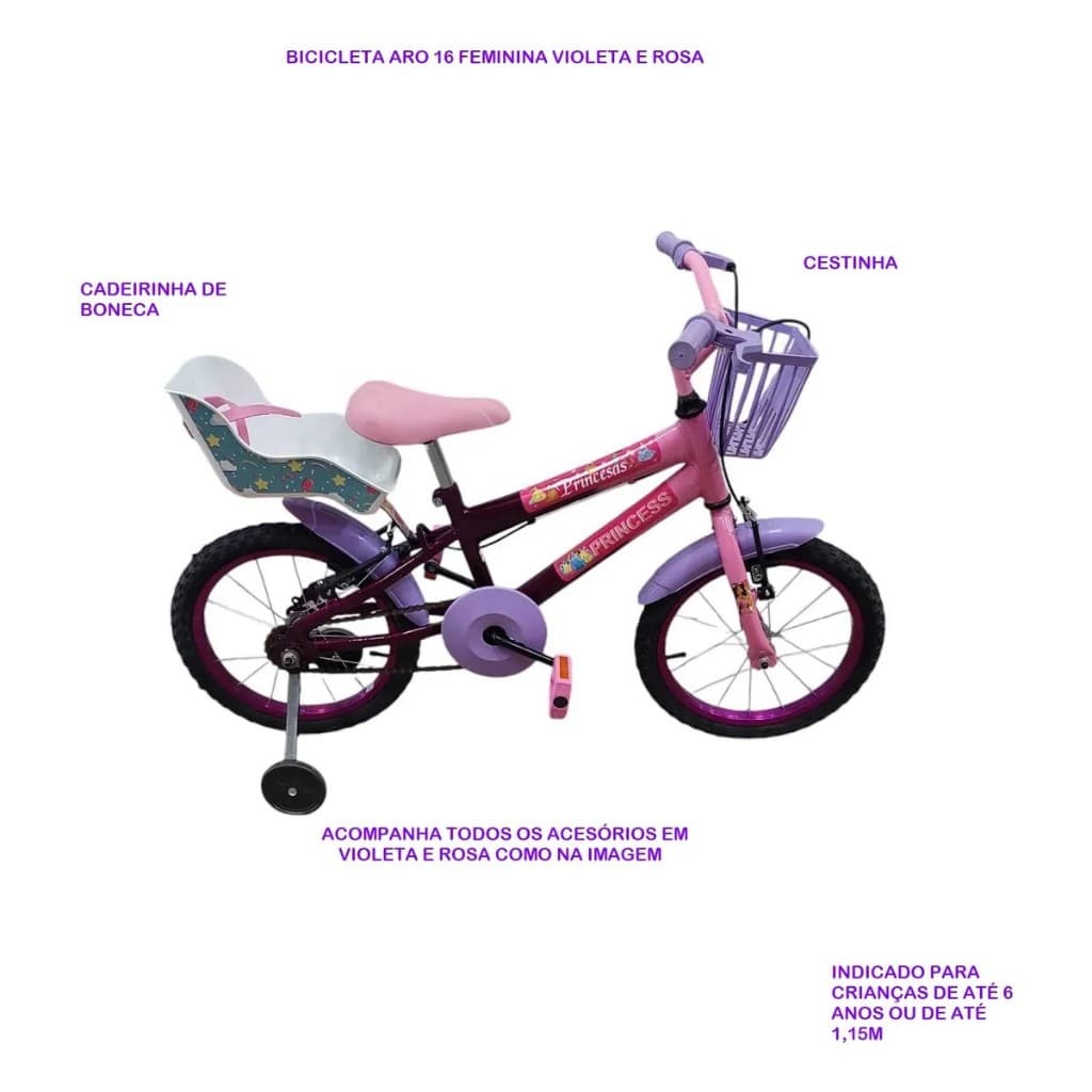 BICICLETA ARO 16 FEMININA INFANTIL  COM CADEIRINHA PARA BONECA CESTA RODINHA ROSA