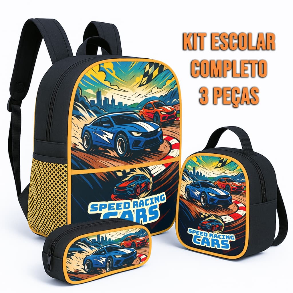 Kit Escolar Infantil Escolar Speed Racing Cars Carro Corrida–Lancheira Térmica Mochila Infantil Estojo 1 Simples