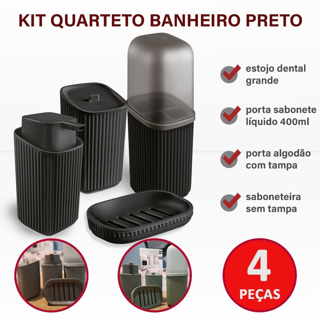 Kit Banheiro 4 Peças Usual Porta Escova Dispenser Sabonete Porta Algodão e Saboneteira Cores Variadas
