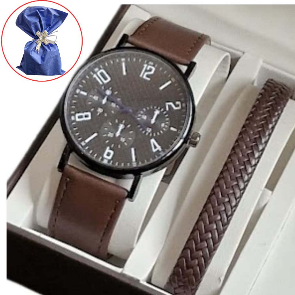 Relógio Masculino de Couro Analógico  + Pulseira Estilo Casual Moderno couro - Presente dia dos pais, presente homem
