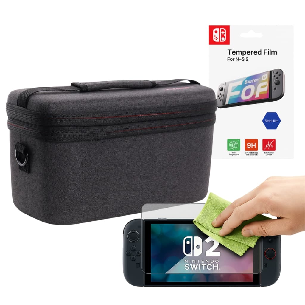 Case Bag de Viagem Mala Protetora Maleta de Transporte + Película 9H Vidro Temperado para Switch 2