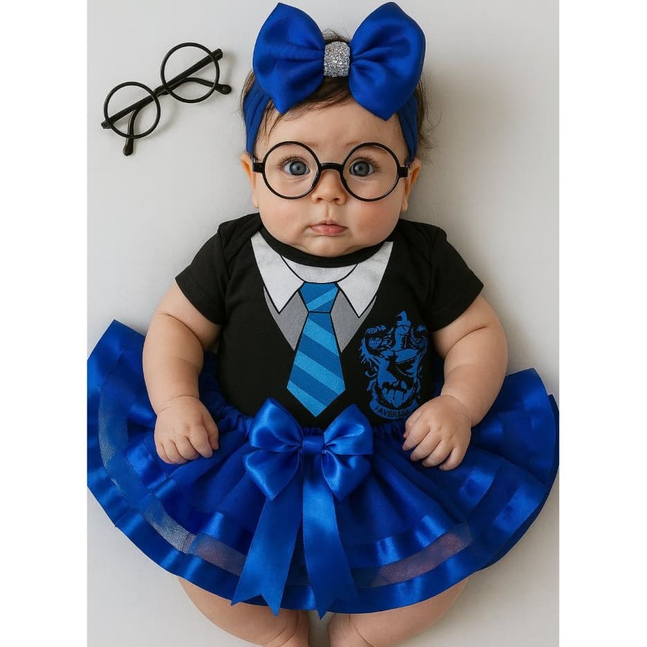 Body Bebê Fantasia Harry Potter Casas de Howgarts Kit 4 Peças Corvinal Mesversário Unissex