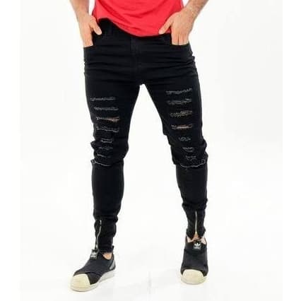 Calça Masculina Preta Destroyed Skinny Lycra Ziper Slim Rasgada Elastano Presente Pai