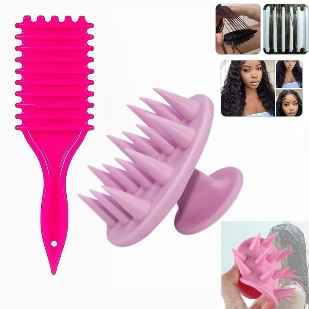 Kit Escova de Ondulação e Definição de Cachos + Massageador de Couro Cabeludo em Silicone Promoção