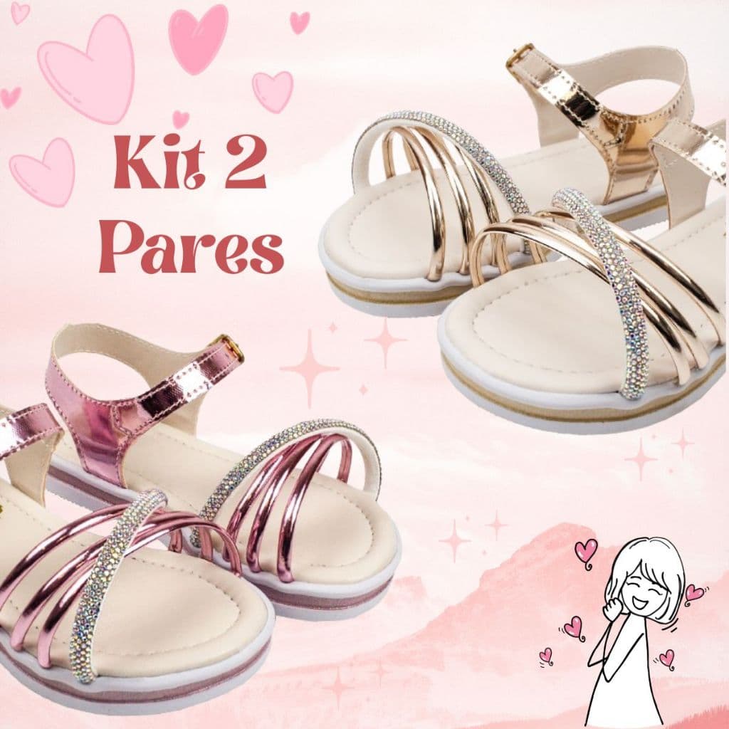 Kit 2 Pares Sandália Infantil Menina Tiras de Brilho Strass Papete Delicada Confortável Fivela Festa