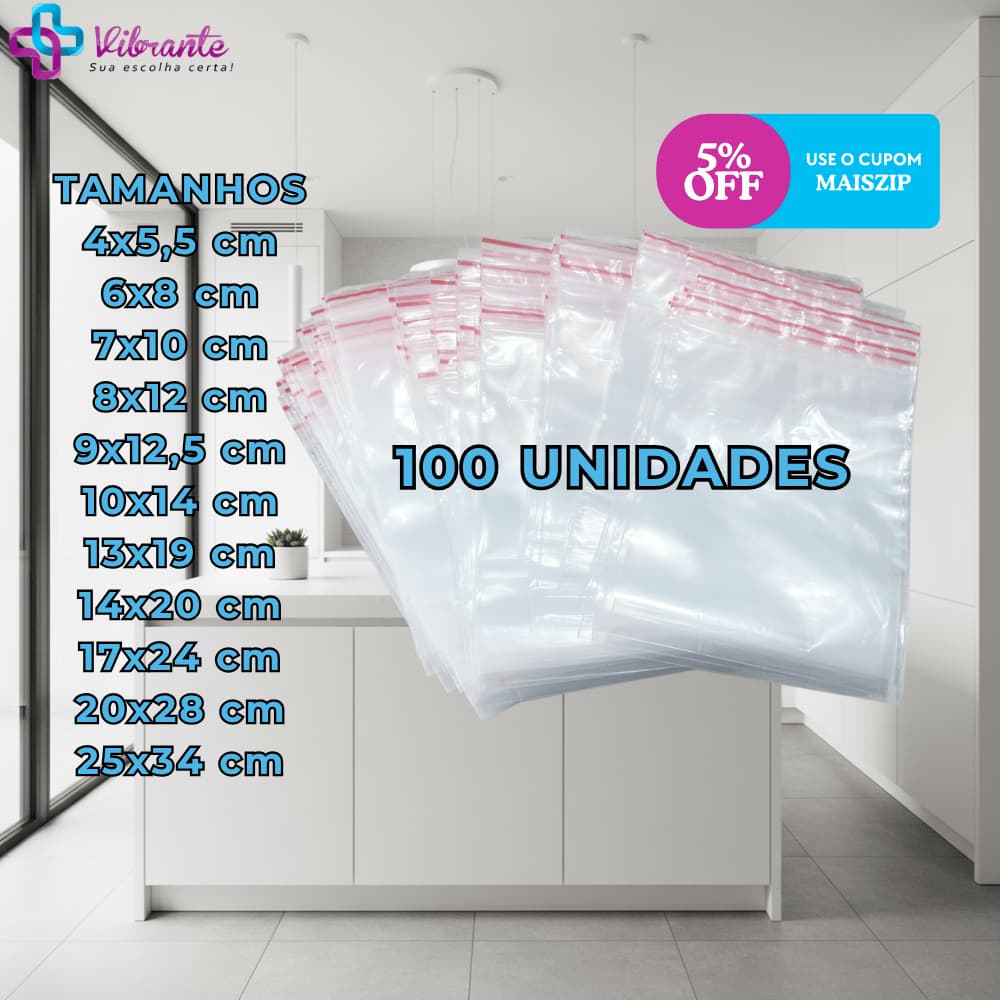 Saco Zip Hermético C/100un Saquinho Plástico Abre e Fecha - Freezer - Geladeira - Alimentos
