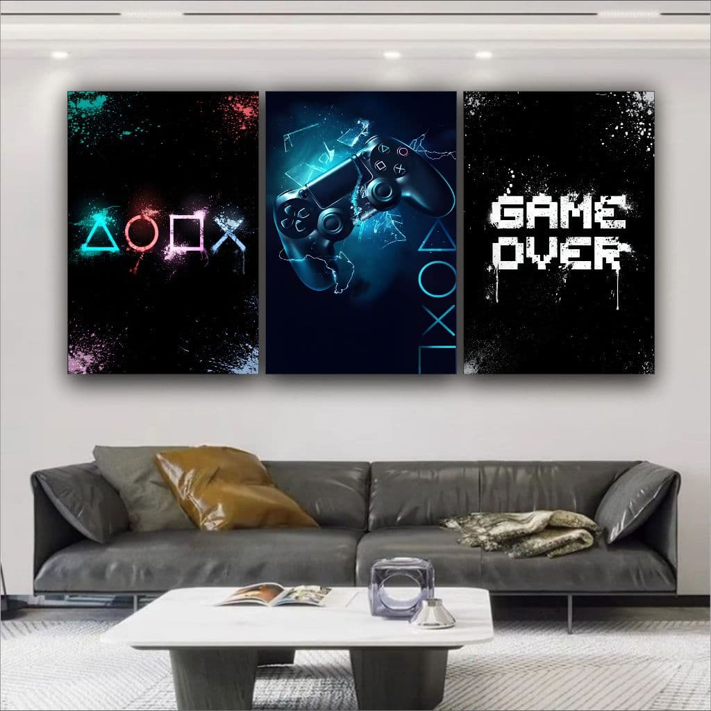 Quadros Decorativos para Sala 3 peças Controle Game Over Quarto Escritório gamer jogos