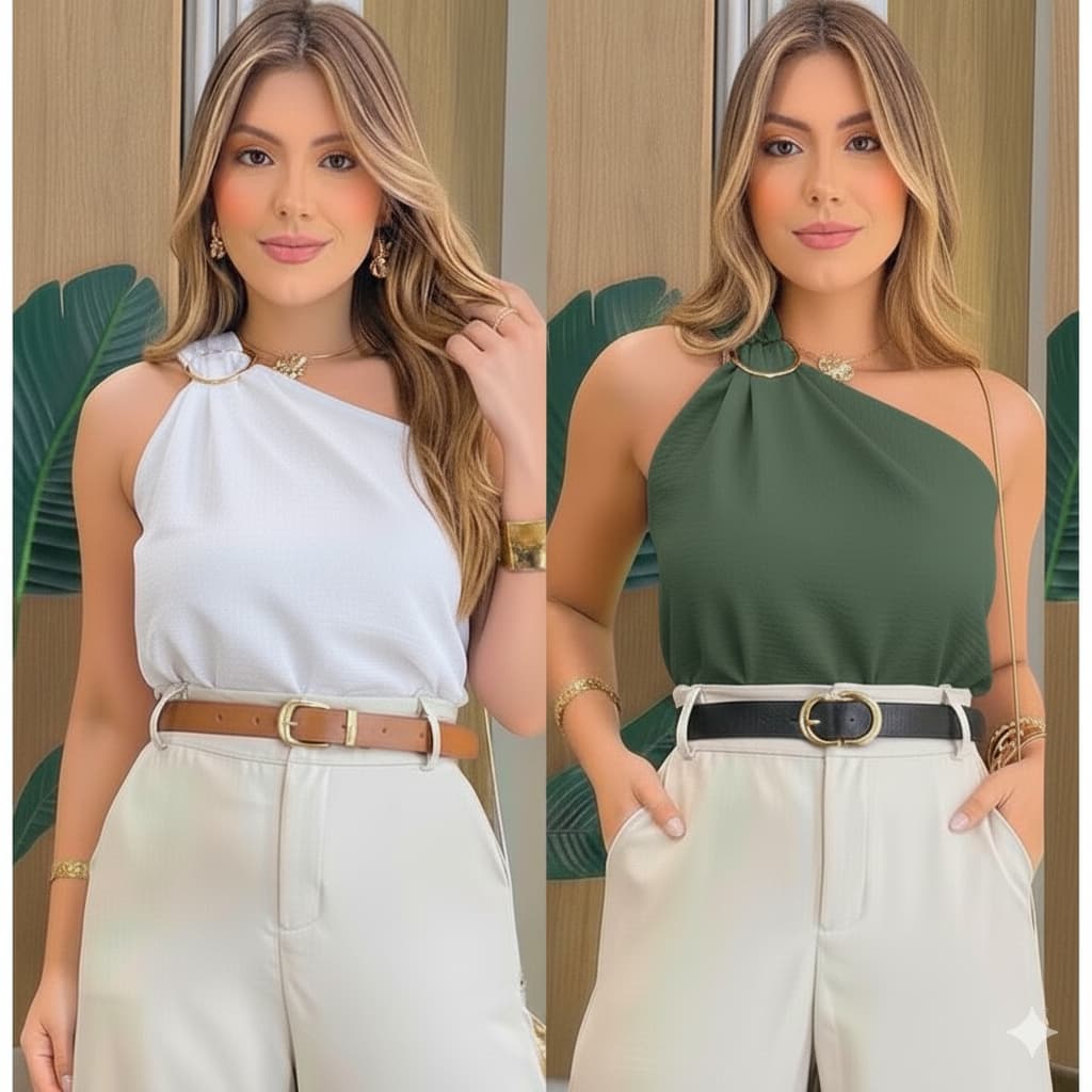 KIT Com 2 Blusas Feminina  Obro Só Manga Mula Manca  Fivela Orgânica Dourada Tecido Duna Elegante.