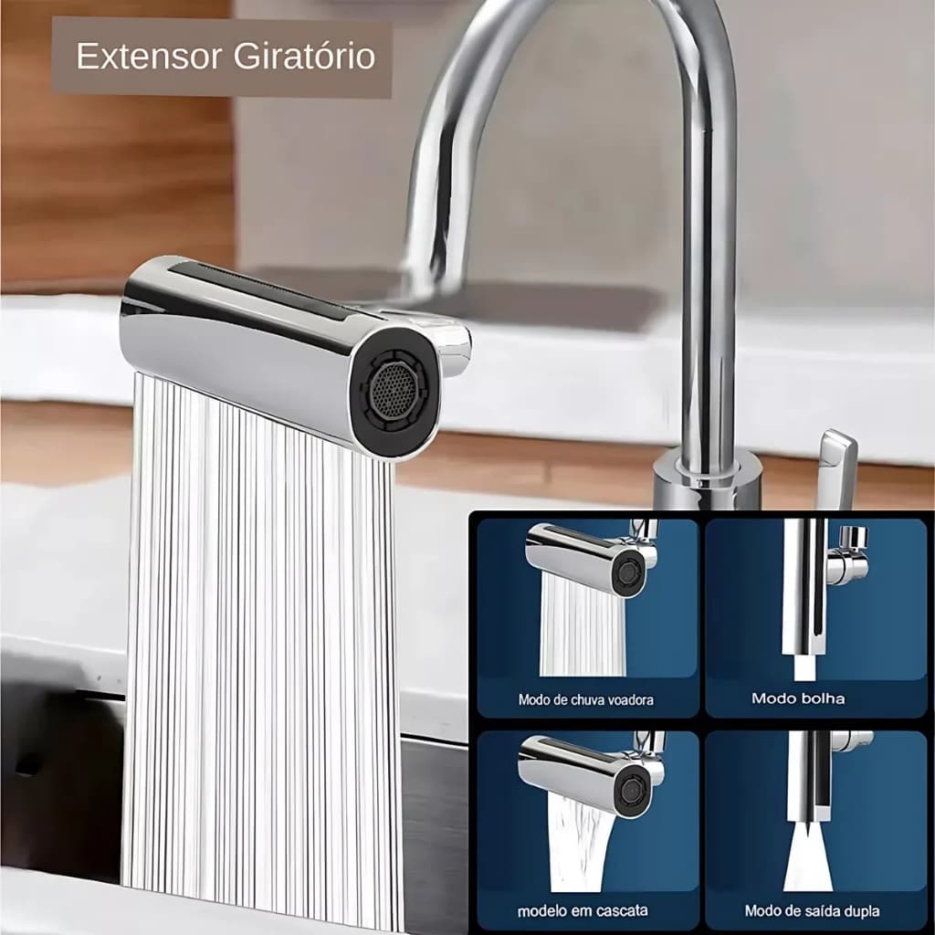 Extensor Prolongador Giratório para Torneira 360° com 4 Tipos de Jatos  Prateado