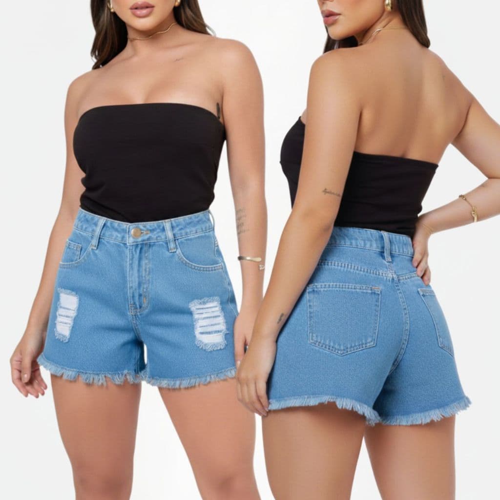 Shorts Feminino Jeans Cintura Alta 100% Algodão Levanta e Empina Bumbum Cos Alto Barra Desfiada Destroyed
