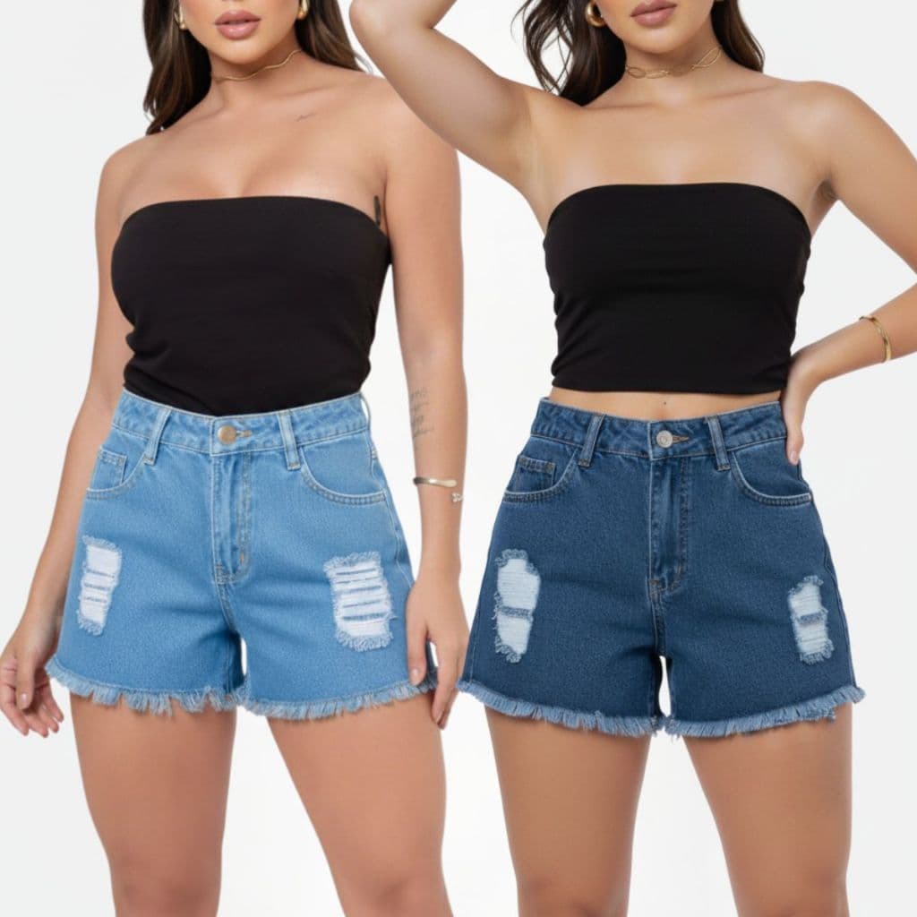 Kit 2 Short jeans feminino cintura alta 100% Algodão Cos Alto Barra Desfiada Destroyed Sem Lycra Hot Pants Bermuda