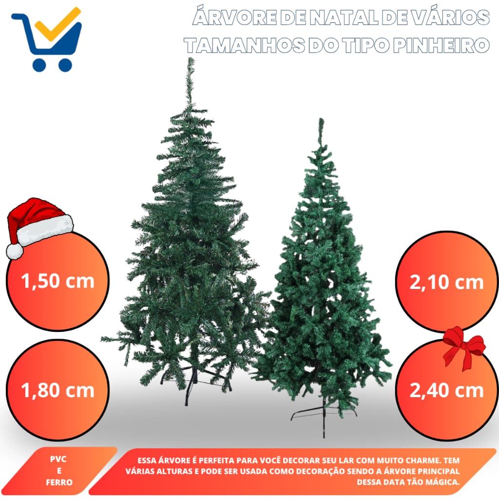 Árvore De Natal Tipo Pinheiro De 3 Tamanhos Festa Decoração Final de Ano 1,50cm a 2,40cm