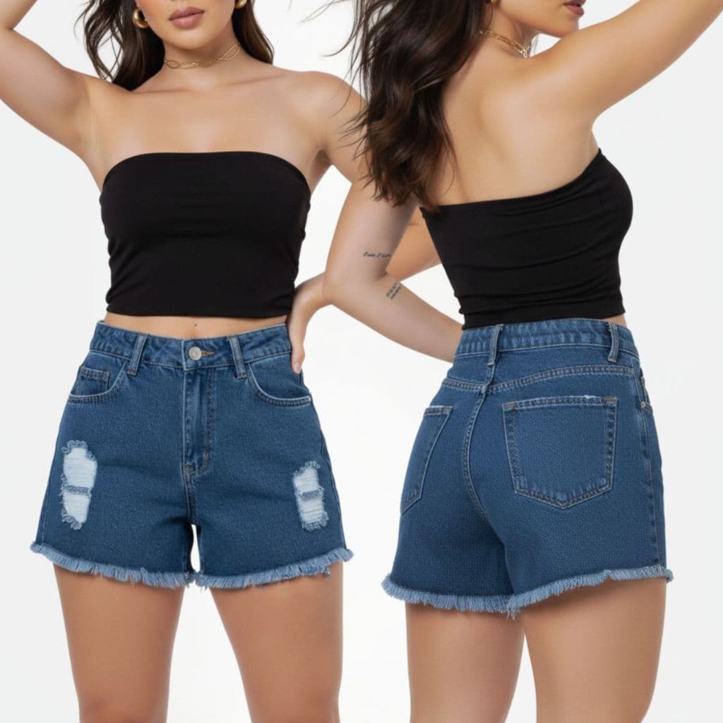 Shorts Feminino Jeans Cintura Alta 100% Algodão Levanta e Empina Bumbum Cos Alto Barra Desfiada Destroyed Premium