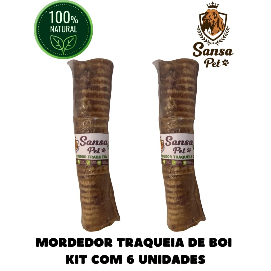 Mordedor Traqueia de Boi 100% Natural Desidratado Saudável 6 Unidades